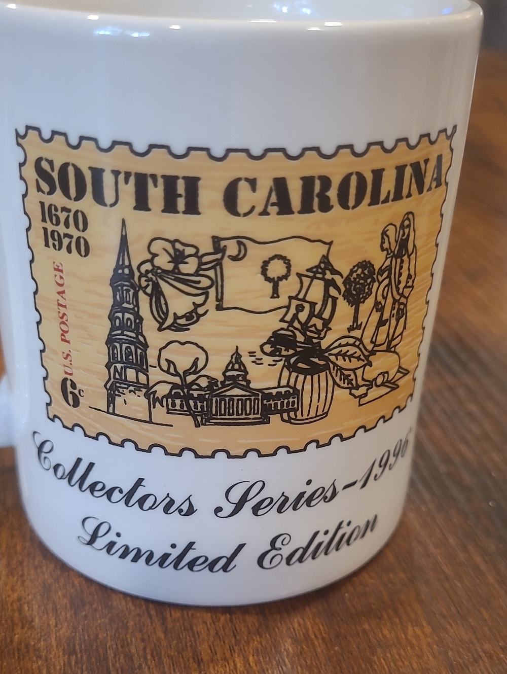1996 South Carolina 6c Stamp Mug Featuring Iconic SC Images.